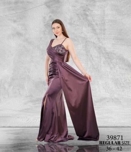 Lila Normal Maxi Tek Omuz Saten Abiye Elbise 39871