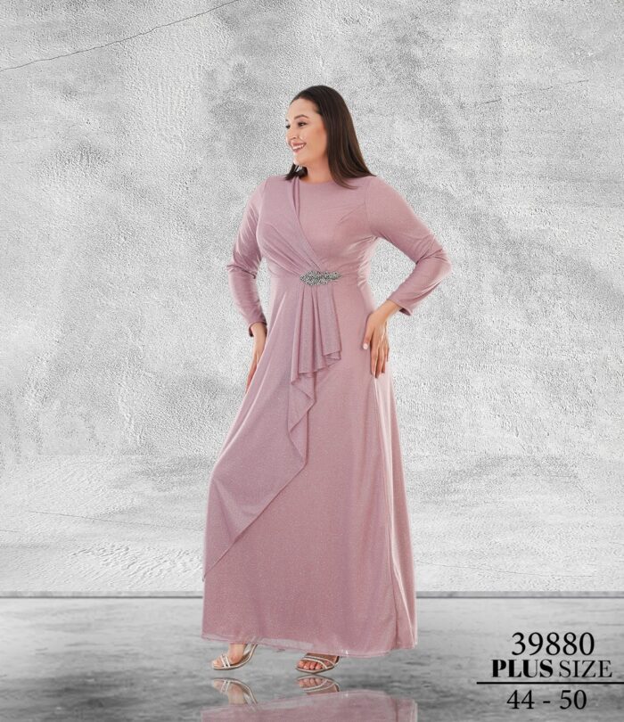 Rose Büyük Beden Maxi Uzun Kol Poilamid Tesettür Abiye Elbise 39880
