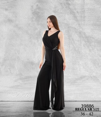 Siyah Normal Maxi Sıfır Kol Poliamid Şifon Abiye Elbise 39886