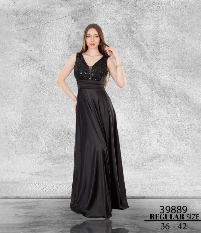 Siyah Normal Maxi Sıfır Kol Saten Nakış Kombin Abiye Elbise 39889