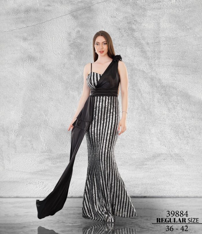 Siyaha Gümüş Normal Maxi Tek Omuz Pul Payet Abiye Elbise 39884
