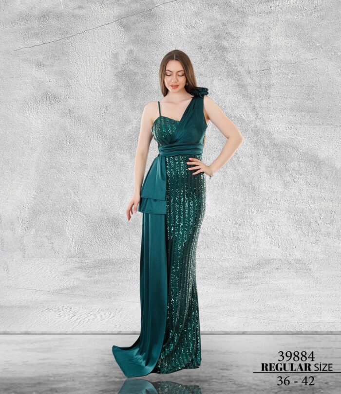 Zümrüt Normal Maxi Tek Omuz Pul Payet Abiye Elbise 39884