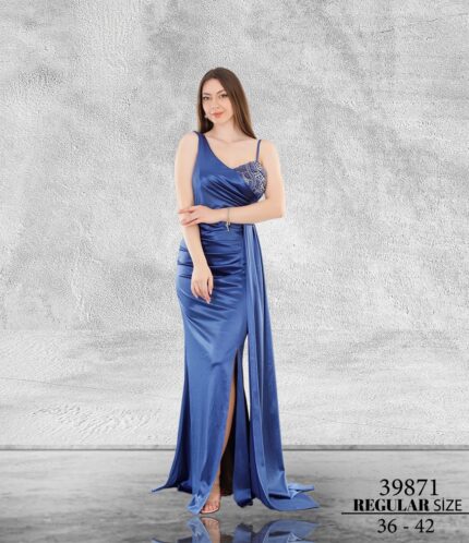 indigo Normal Maxi Tek Omuz Saten Abiye Elbise 39871