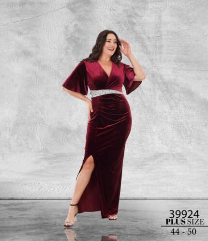 Bordo Büyük Beden Maxi Kısa Kol Kadife Düğün Kına Özel Davet Abiye Elbise 39924