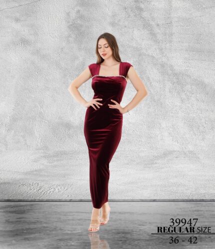Bordo Normal Beden Maxi Sıfır Kol Kadife 39947