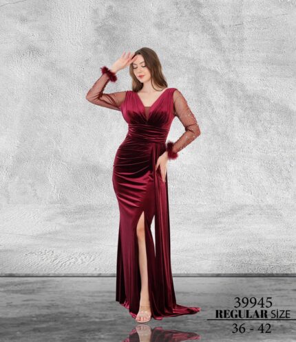 Bordo Normal Beden Maxi Uzun Kol Kadife 39945