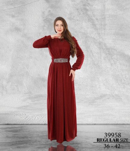 Bordo Normal Beden Tesettür Maxi Uzun Kol Simli Tül 39958