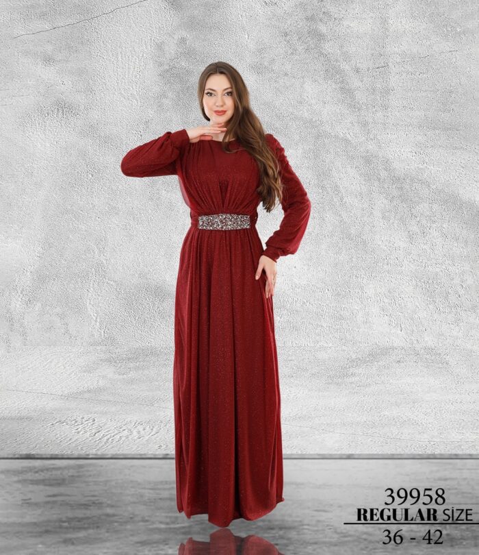 Bordo Normal Beden Tesettür Maxi Uzun Kol Simli Tül 39958