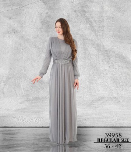 Gümüş Normal Beden Tesettür Maxi Uzun Kol Simli Tül 39958