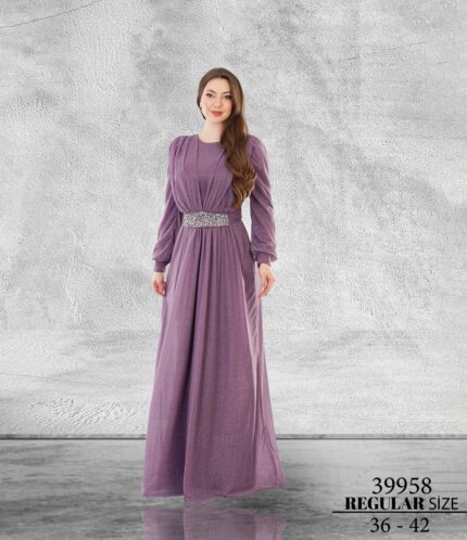 Lila Normal Beden Tesettür Maxi Uzun Kol Simli Tül 39958