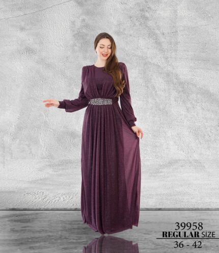 Mürdüm Normal Beden Tesettür Maxi Uzun Kol Simli Tül 39958