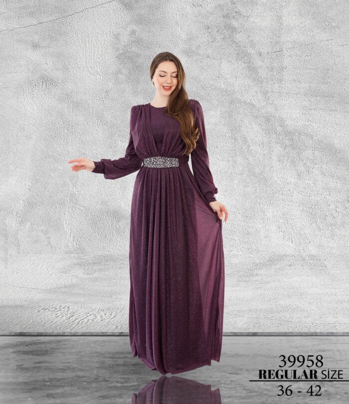 Mürdüm Normal Beden Tesettür Maxi Uzun Kol Simli Tül 39958
