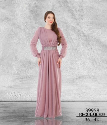 Rose Normal Beden Tesettür Maxi Uzun Kol Simli Tül 39958