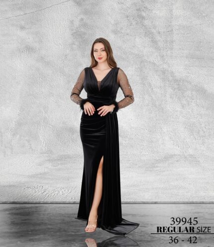Siyah Normal Beden Maxi Uzun Kol Kadife 39945