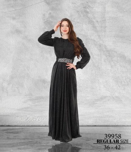 Siyaha Gümüş Normal Beden Tesettür Maxi Uzun Kol Simli Tül 39958