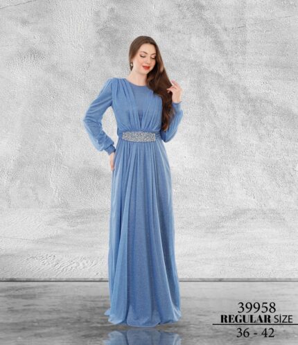 indigo Normal Beden Tesettür Maxi Uzun Kol Simli Tül 39958