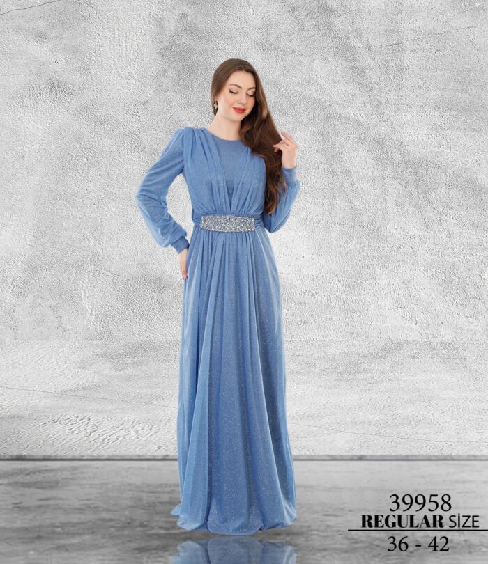 indigo Normal Beden Tesettür Maxi Uzun Kol Simli Tül 39958